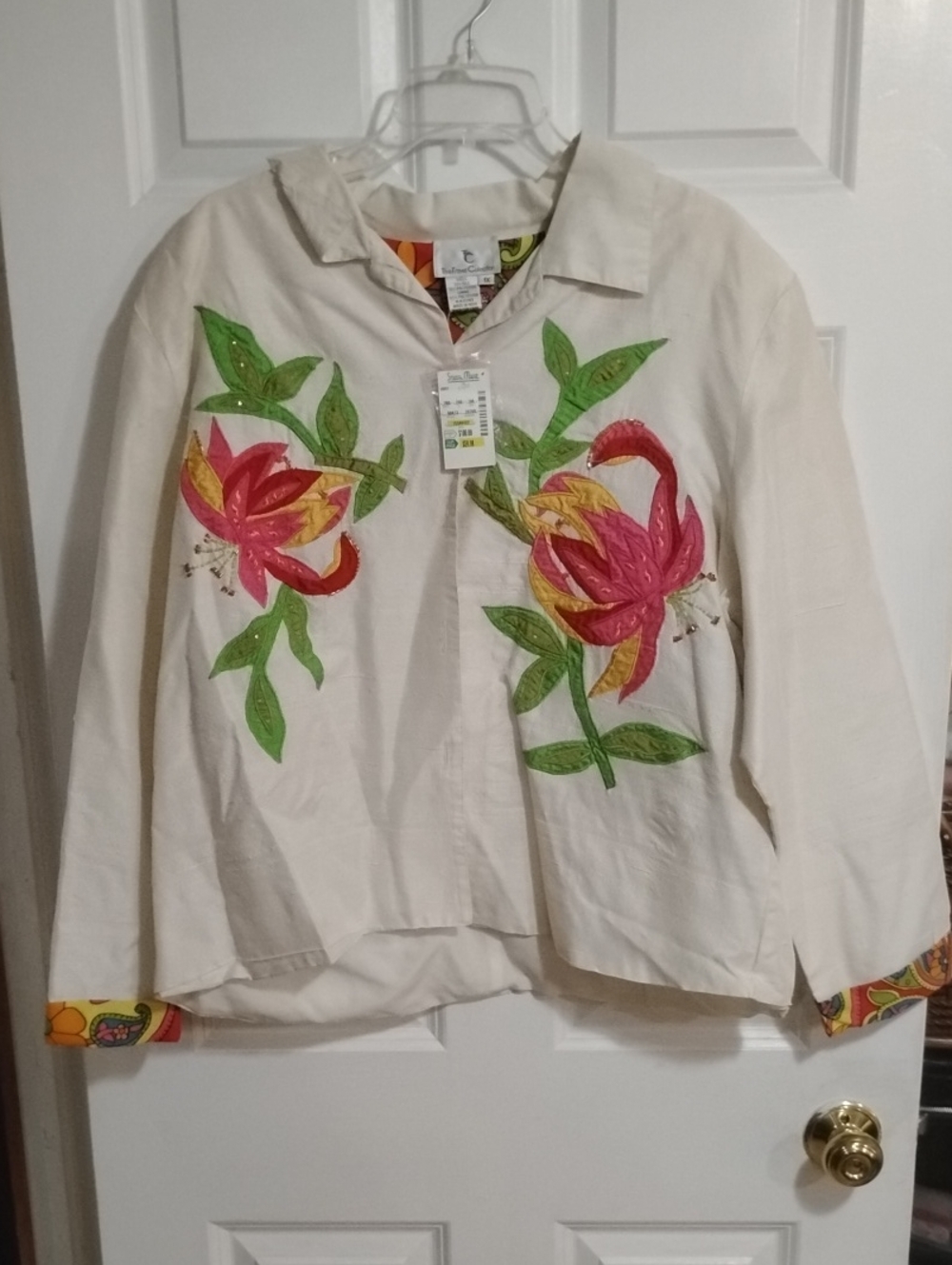 Cream Floral Embroidered Blazer with Pink & Green Appliqué